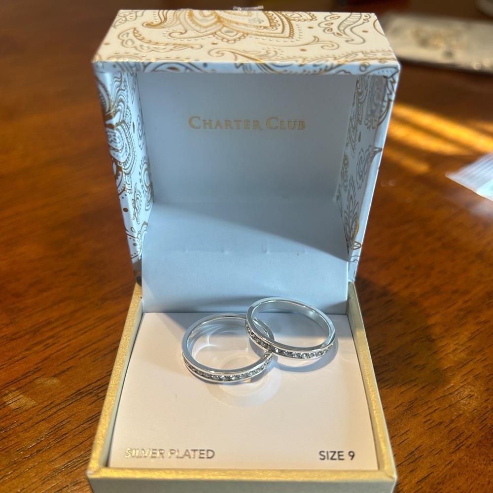 NWT Charter Club Set of 2 Silver Plated Ring Bands Size 9 Engagement Wedding